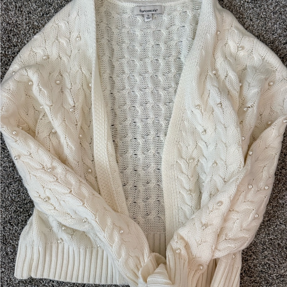 Francesca's Collections Ivory Cable-Knit Cardigan with Pearl Accents
